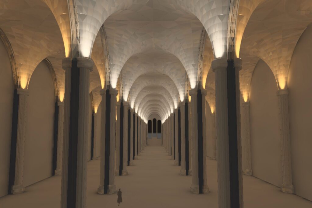 DIALux-visualisering av Linköpings domkyrka: långt valvhall med pelare och varmt upplysta takvalv.